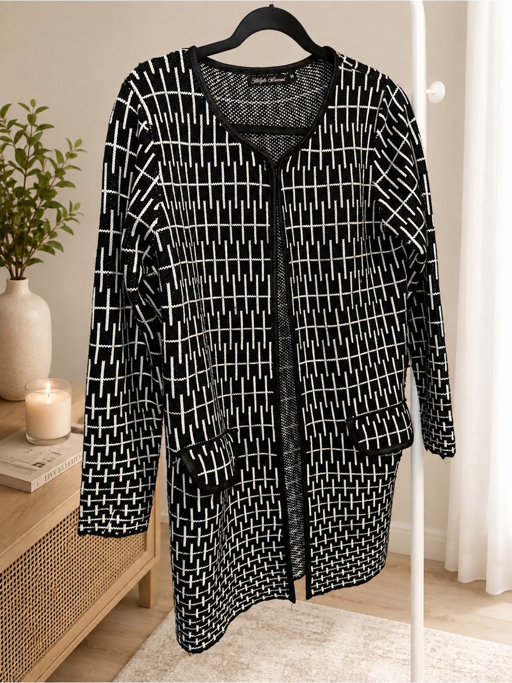 Black and White Grid Knit Open Cardigan